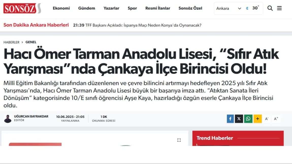 OKULUMUZUN BAŞARISI YEREL VE ULUSAL BASINDA (Sonsöz ve Türkiye Gazetesi)